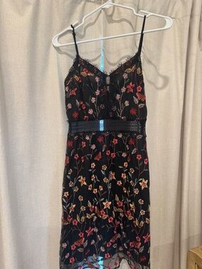 NSR Black Midi Slip Dress with Red, Pink and Cream Floral Embroidery
